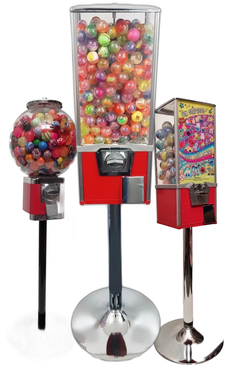 Fleet of toy vending machines — gumball globe, capsule tower and surprise capsule machine