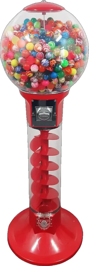 Globe vending machine filled with bouncy balls, with a spiral run down to the chute