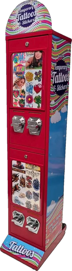 Red four-column temporary tattoo and sticker vending tower