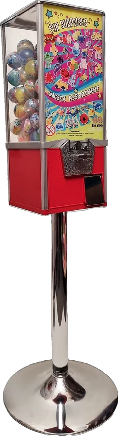 Red capsule vending machine on a chrome stand, filled with surprise capsules