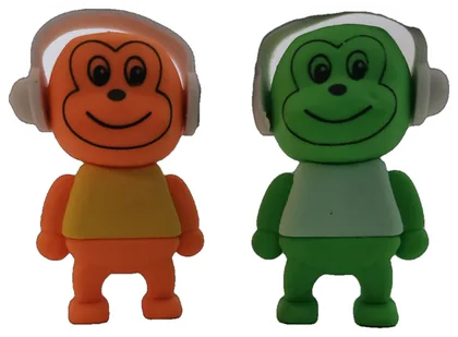 Pair of monkey figurines wearing headphones